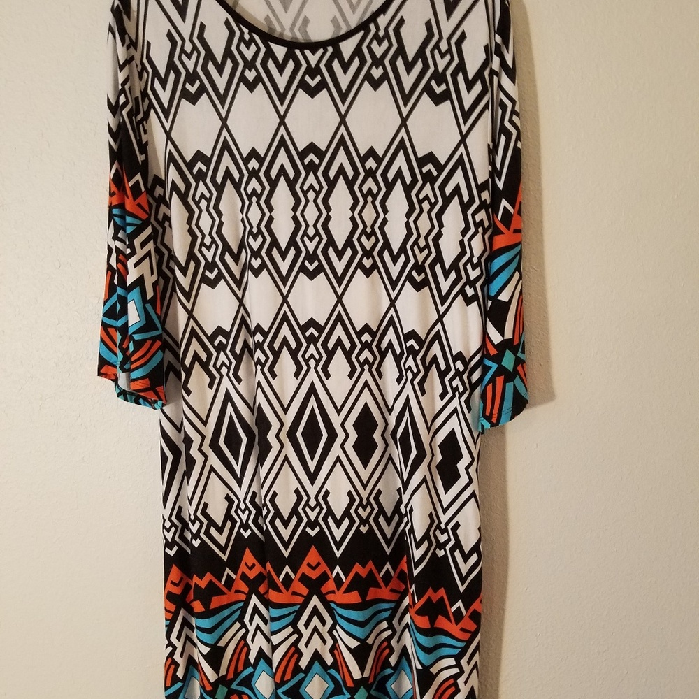 EUC MINX USA Bohemian Art Deco Print Bell-Sleeve Scoop-Neck Knee-Length Dress